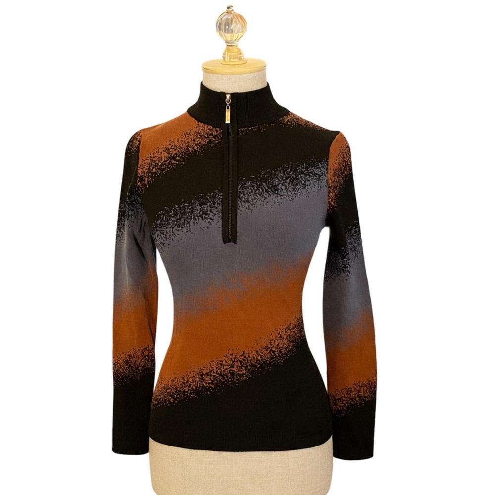 Meli Retro Zip Mock Neck Sweater Brown & Blue Ombré Apres-Ski Fine-Knot Rayon XS